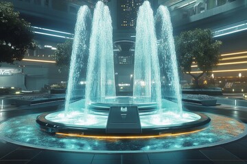 Futuristic plaza featuring a symmetrical fountain illuminated by urban lights in a vibrant cityscape