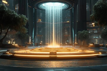 Futuristic plaza featuring a symmetrical fountain illuminated by urban lights in a vibrant cityscape