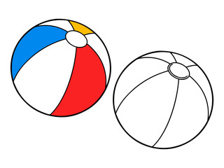Colorful beach ball illustration, with one colored version and one black and white outline. Ideal for summer fun graphics or coloring pages.