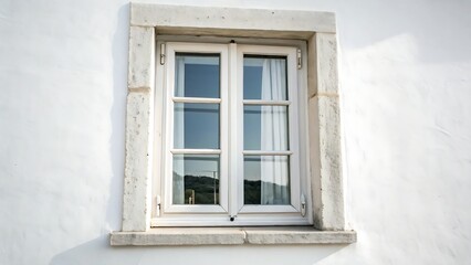 White Window in Rustic Stone Frame on White Wall