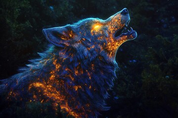 Massive glowing wolf howling into the night under a starry sky, surrounded by trees and foliage