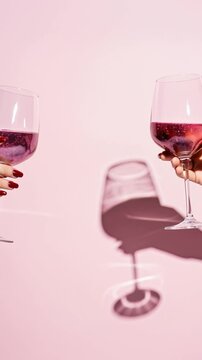 Two hands clinking wine glasses filled with pink glitter liquid against a pink background.