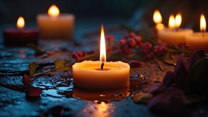 A candle burns in the dark with melted candle wax, warm candle fire, light of hope, and memory.