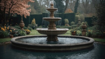 A beautiful fountain in the Garden with water flowing, surrounded by lush plants and trees.