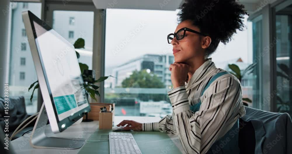 Aufkleber computer, thinking and typing with business woman for media planner, idea and brand analyst. campaig