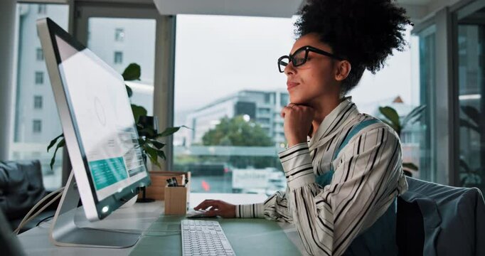 Computer, thinking and typing with business woman for media planner, idea and brand analyst. Campaign report, vision and customer survey chart with person in creative agency for performance metrics