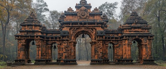 Ancient terracotta archway in a misty forest