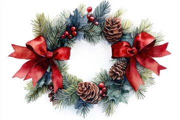 Watercolor Christmas wreath with red bow and pine cones.