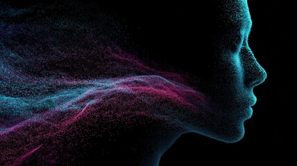 Wave of Personalized. Abstract representation of a face created with colorful particles.