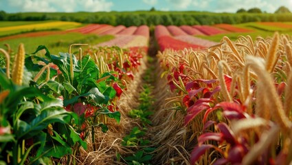 Obraz premium Agricultural crops in vibrant fields with diverse plant varieties and colorful rows.