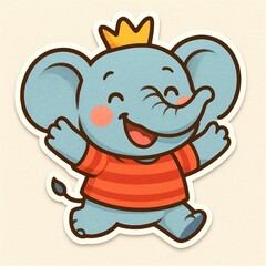 Obraz premium Cartoon sticker of a joyful blue elephant with tiny tusks and round cheeks; large floppy ears