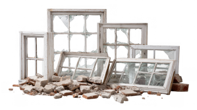 Several damaged white window frames with broken glass panes are lying on a pile of rubble and debris, suggesting demolition or destruction, isolated on a transparent background