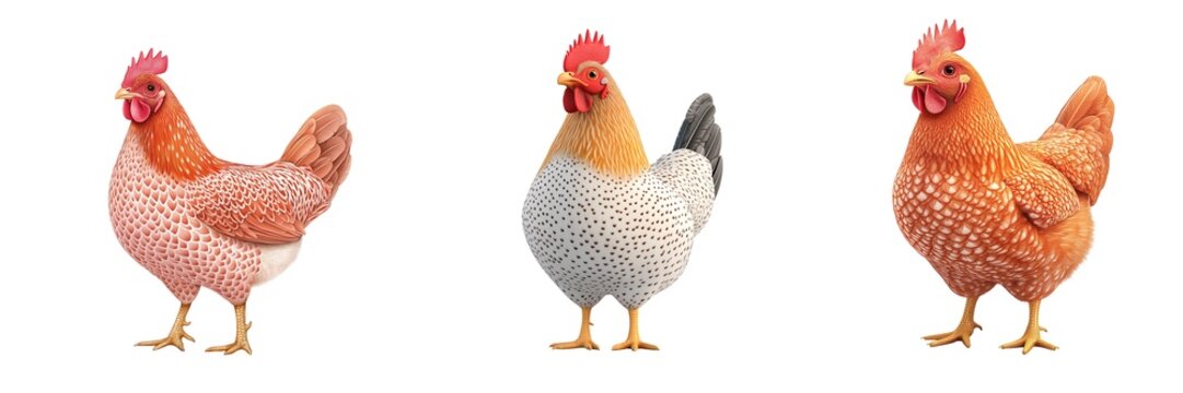  Chickens Stand Proud Against White Background Farm Animals Display Colorful Feather Patterns Now