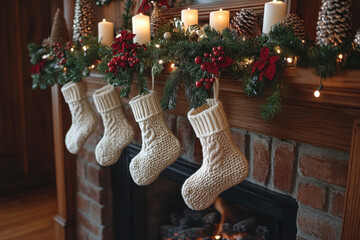 Stockings hung on fireplace with lit candles.