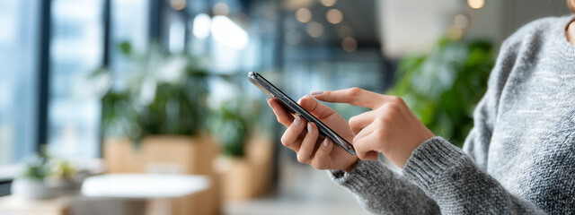 Modern woman engaged in online shopping with smartphone in a stylish office setting surrounded by greenery