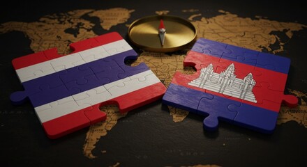 Detail Texture Puzzles Thailand and Cambodia Flags with Compass on Map