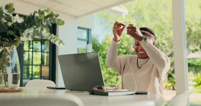 Laptop, online class and wave with black woman in home for distance school, webinar and greeting. Teacher, elearning and quiz guide with coffee and earphones for virtual lesson, bye and video call