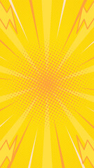 Fototapeta premium Yellow halftone comic vertical background with fast lines around and lightning bolts. Vector illustration. Suitable for comics, prints, posters, etc.