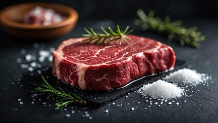 Raw beef steak on dark background with sea salt and rosemary.
