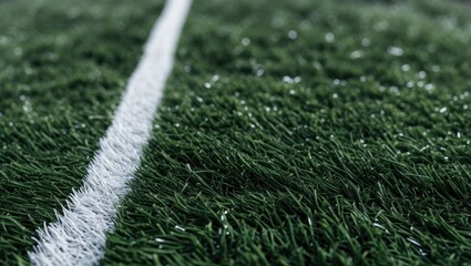 Artificial turf featuring a white stripe in close-up. There is space available for text. With a vacant area for text.