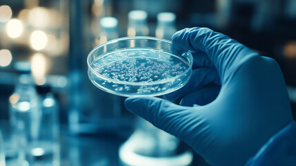 A scientist wearing blue gloves holding a petri dish with bacteria or virus samples