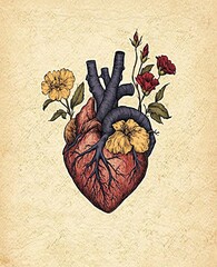 Vintage-style framed art of an anatomical heart blooming with roses, set against an old dictionary page. A blend of science, nature, and love, symbolizing emotional depth and poetic anatomy.