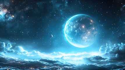 Celestial city at night, moonlit cloudscape, space city view