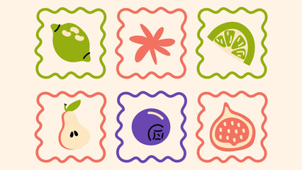 Vector collection of colorful fruits and berries in groovy hand-drawn style. Juicy tropical elements perfect for fun food stickers, healthy eating visuals, and summer designs.