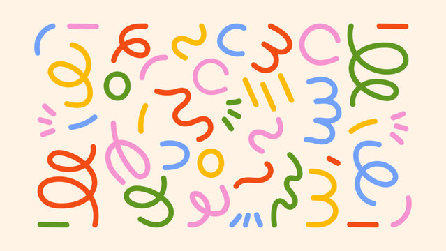 Retro-style collection of sketchy icons- swirls, arrows, rough lines, and messy text frames. Inspired by kindergarten drawings and creative chaos. Great for playful branding and education design.