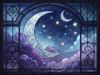 Stained Glass Artwork of Night Sky with Crescent Moon and Stars