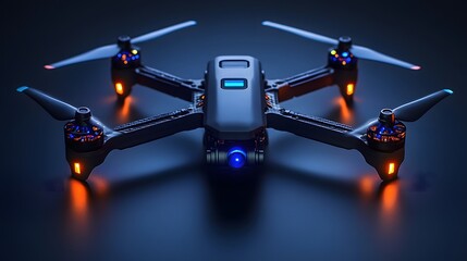 Modern quadcopter drone with matte dark gray metallic finish, glowing blue LED lights