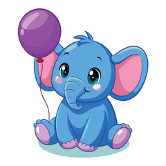 Obraz premium Cartoon Blue Elephant Sitting with Purple Balloon, Animal Illustration, Cute Character