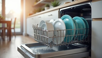 Open dishwasher with clean dishes in the kitchen