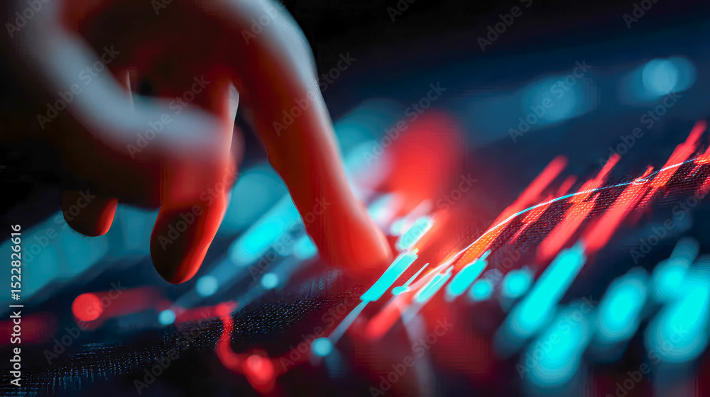 Poster close-up of a hand interacting with a glowing digital screen showing red and blue stock market graph