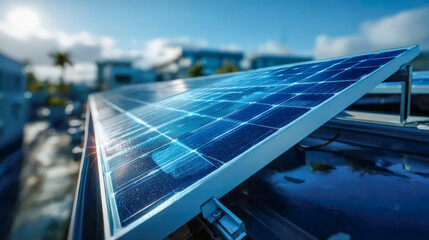 Photorealistic close-up of blue solar panels installed on a rooftop, reflecting sunlight, symbolizing sustainable energy in a suburban setting