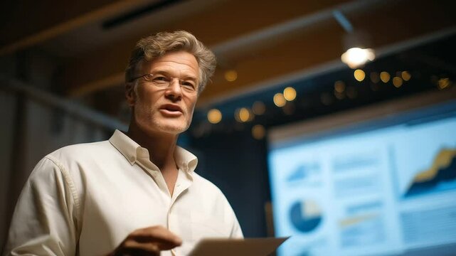 Scientist presenting research at a symposium with data display