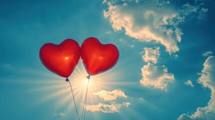 Two red heart balloons soar in sunny sky (1)