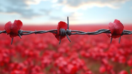 Barbed wire, poppies, field, remembrance, sunset, peace, conflict, memory, memorial, background