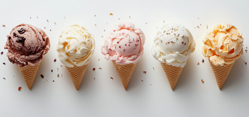 Delightful array of five unique ice cream flavors served in cones against a minimalist white background