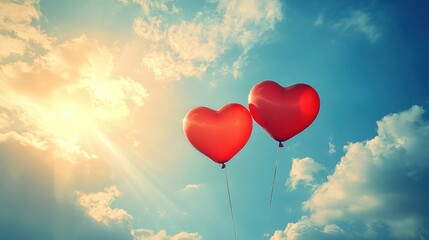 Two red heart balloons soar in sunny sky