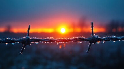 Frozen barbed wire sunrise, field, winter, frost