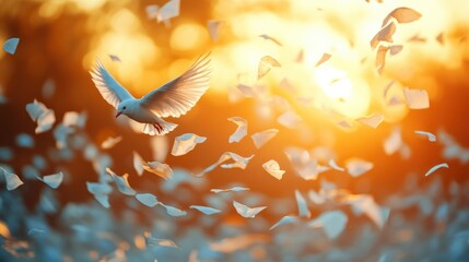 White dove sunset flight, petals, hope, peace, nature