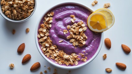 Delicious Acai Smoothie With Granola And Almonds In Dessert Bowl Isolated On White, Top View