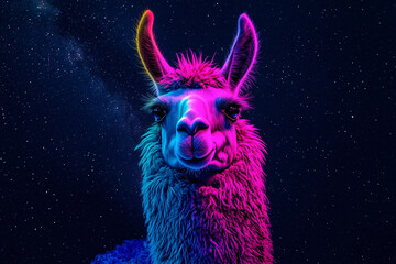 Fototapeta premium A neon llama portrait against a mesmerizing starry night backdrop.