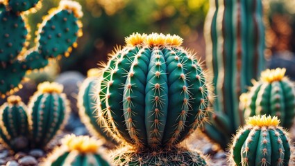 Obraz premium Cactus Ball Echinocactus Grusonii in the garden, succulents, golden barrel cactus close-up with empty space for text