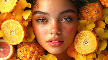 Abstract artistic tropical fruit collage portrait illustration