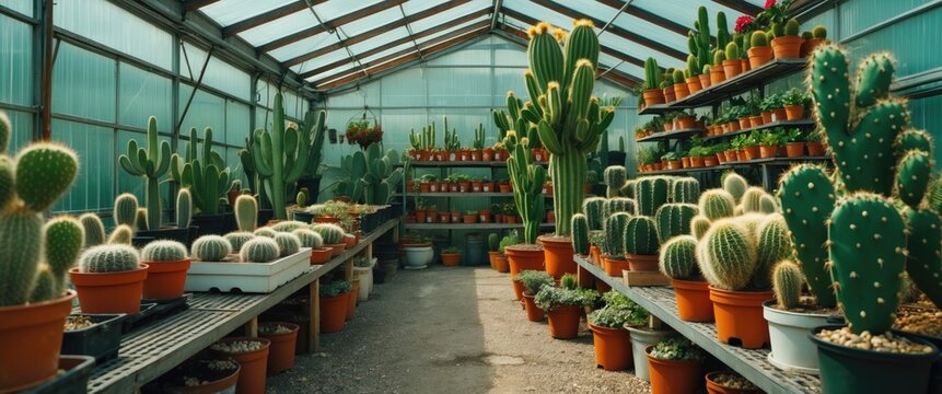 Gardening Shop, Greenhouse Cactus Plant Nursery For Garden Decoration. Business For Sale And Selection Of Shrubs, Botanical Trees.. With Empty Copy Space For Text - Powered by Adobe
