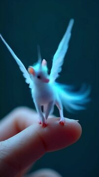 Tiny white mythical unicorn creature with iridescent wings perched on a fingertip against a dark background