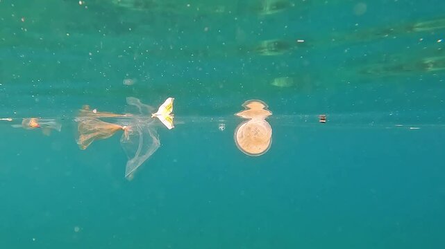 Single use plastic drinking cup and plastic bag pollution drifting in ocean currents in Amed, Bali Indonesia