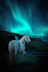 A Scandinavian country in the evening, a beautiful hill with a waterfall, with a white horse looking at the northern lights in the sky. The horse is seen slightly to the side.